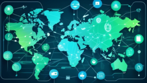 Create an image of a digital world map with secure connections and various media icons, such as streaming services, surrounding the map. Emphasize the concept of accessing global content securely with the use of technology icons like VPN shields and smart DNS symbols. The atmosphere should be modern and futuristic with a blue and green color scheme to represent trust and technology.