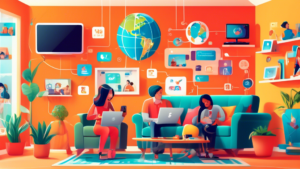 A vibrant, modern family home setting where diverse family members happily use multiple devices (such as a smart TV, laptop, tablet, and smartphone). Each device is seamlessly accessing different international streaming services and websites, illustrating the enhanced internet freedom and unrestricted access provided by Smart DNS technology. Background elements include a globe with connectivity lines and icons representing various popular online services.