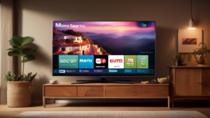 An artistic representation of a Samsung Smart TV connected to a sleek modern home network setup, showcasing various DNS server options. The TV screen displays a vibrant, user-friendly interface with the title 'Mejor Servidor DNS' in bold letters. The environment includes a cozy living room setting with soft lighting, a comfortable sofa, and a stylish coffee table, along with digital icons representing different DNS servers like Google, Cloudflare, and OpenDNS, floating around the TV.