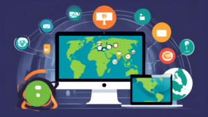 An illustration showcasing the advantages of IPVanish Smart DNS for internet browsing: A user seamlessly switching between devices (laptop, tablet, smartphone) with a globe in the background representing worldwide internet access. Icons depicting speed, security, and unblocking of geo-restricted content hover around the devices, highlighting key features such as enhanced speed, privacy protection, and unrestricted access.