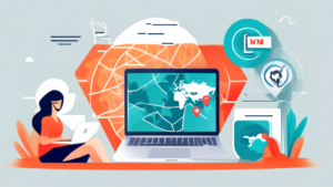 Create an image that visually represents the benefits of using Express VPN and Smart DNS. Illustrate a person using a laptop with a secure shield icon and a global map behind them, highlighting various country locations. Include icons indicating high-speed internet, security, and unrestricted access to content. Use bright, engaging colors to portray a sense of safety and convenience.