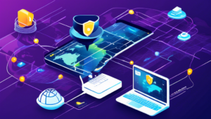 Create a detailed digital illustration showcasing the benefits of using Smart DNS with CyberGhost. The image features a smartphone and a laptop securely connected to the internet through CyberGhost VPN, with icons representing speed, security, and easy access to geo-restricted content. The background shows a world map highlighting various regions being unlocked and protected, with flowing data lines connecting different points. The visual style should be modern and tech-savvy, emphasizing the seamless user experience.